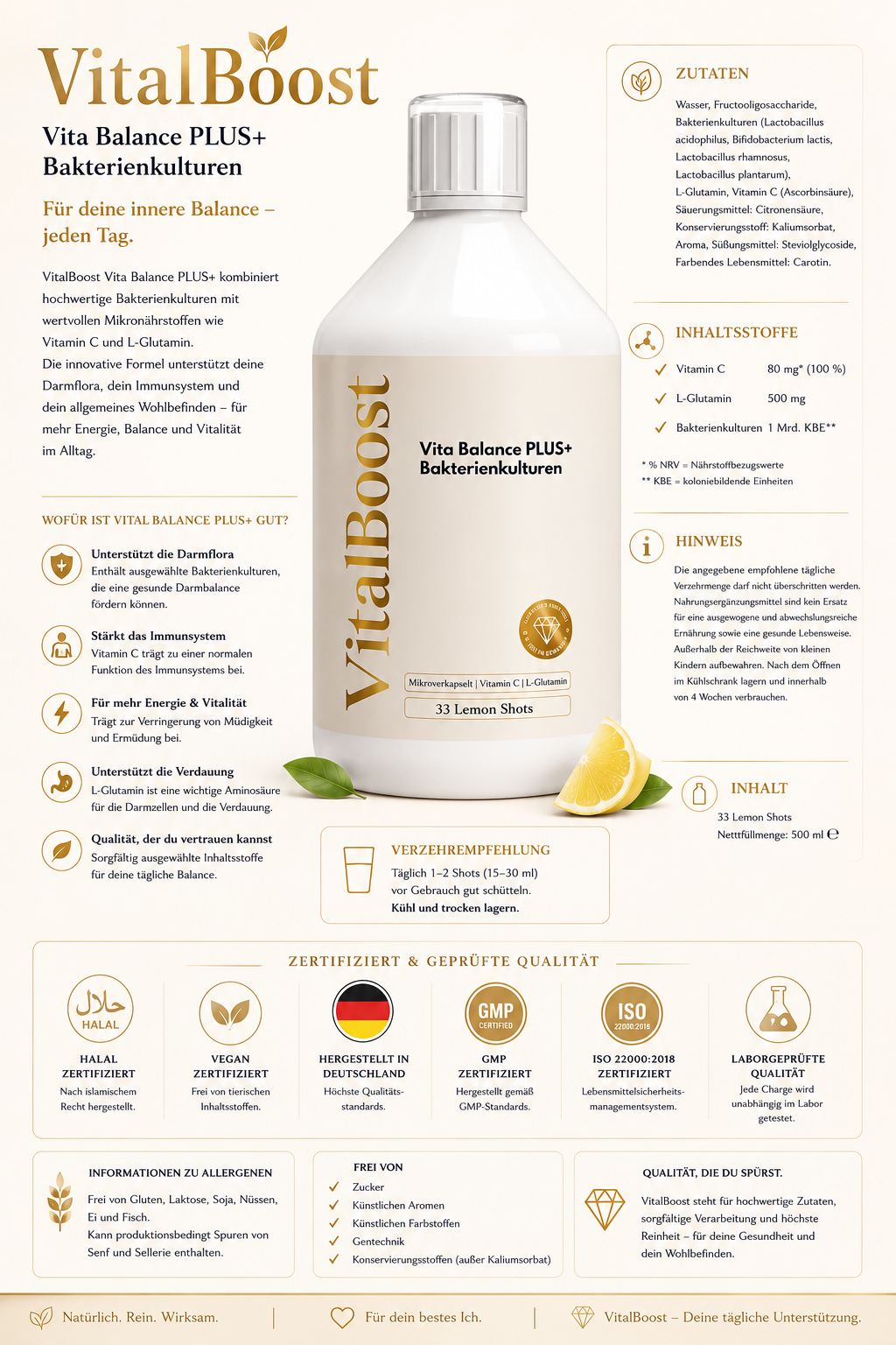 Vita Balance PLUS+  Bakterienkulturen - 33 vegane Lemon Shots - 500ml