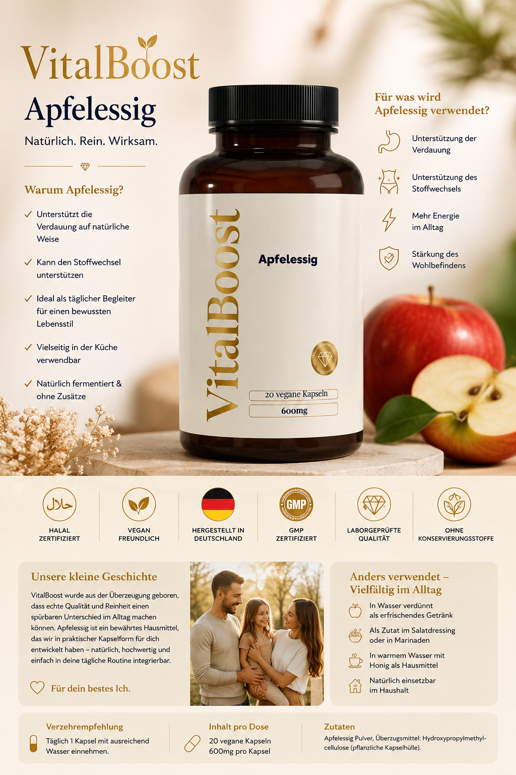 Apfelessig Extrakt Kapseln (600mg je Kapsel) - 120 vegane Kapseln